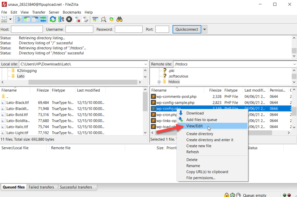 bearbeite die Datei wp-config.php