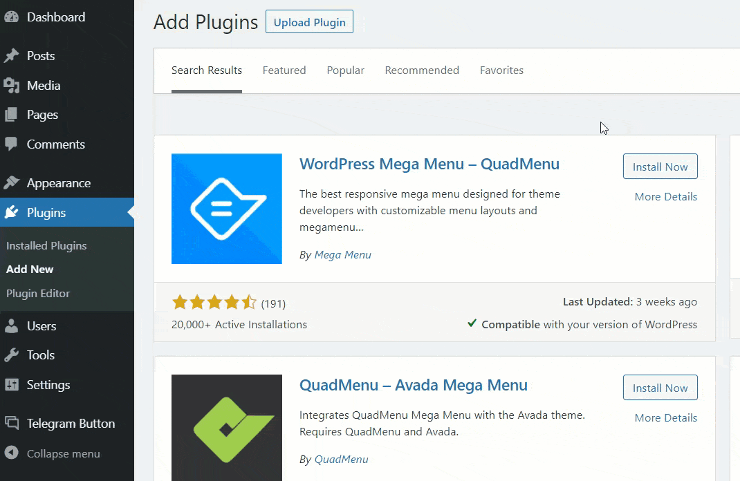 Quadmenu-Plugin aktiviert
