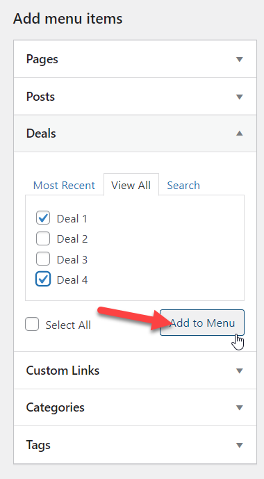 Seite zum WordPress-Menü hinzufügen - Angebote zum Menü hinzufügen
