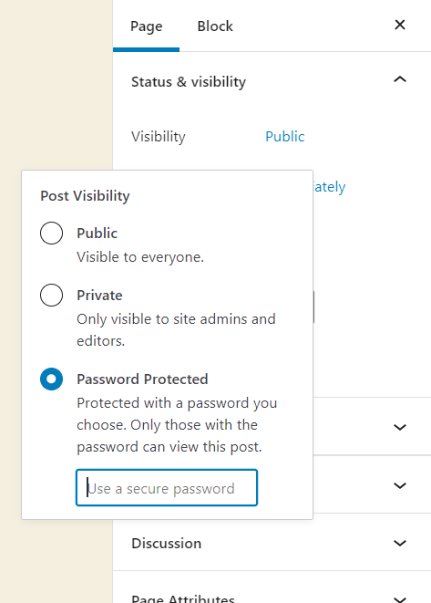 mot de passe protéger la page dans wordpress - choisir le mot de passe