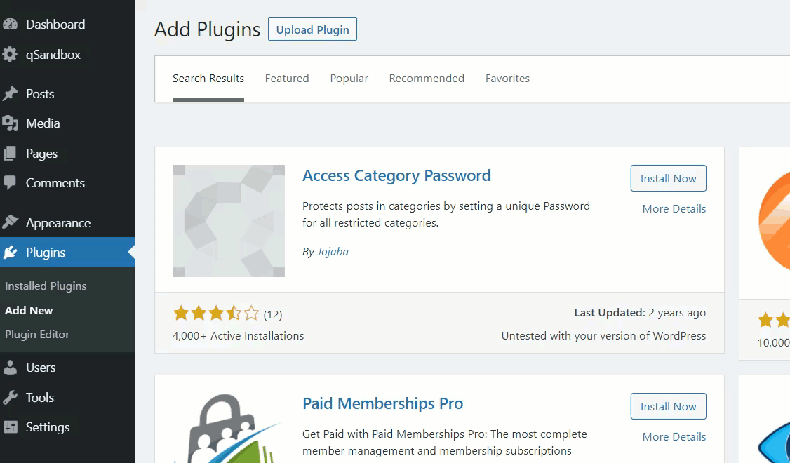 mot de passe protéger la page dans wordpress - installer le plug-in de mot de passe de la catégorie d'accès