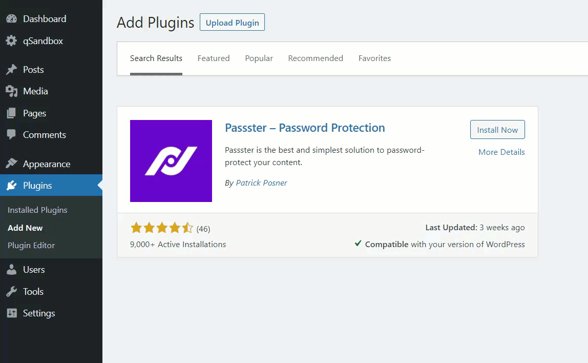 mot de passe protéger la page dans wordpress - installer passter