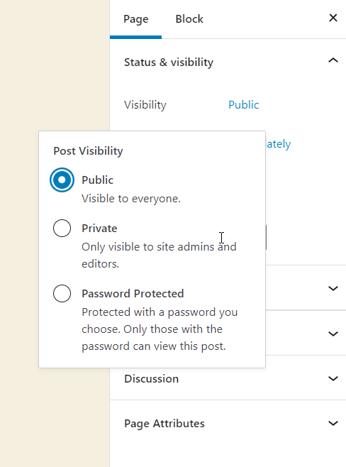 options de visibilité des pages
