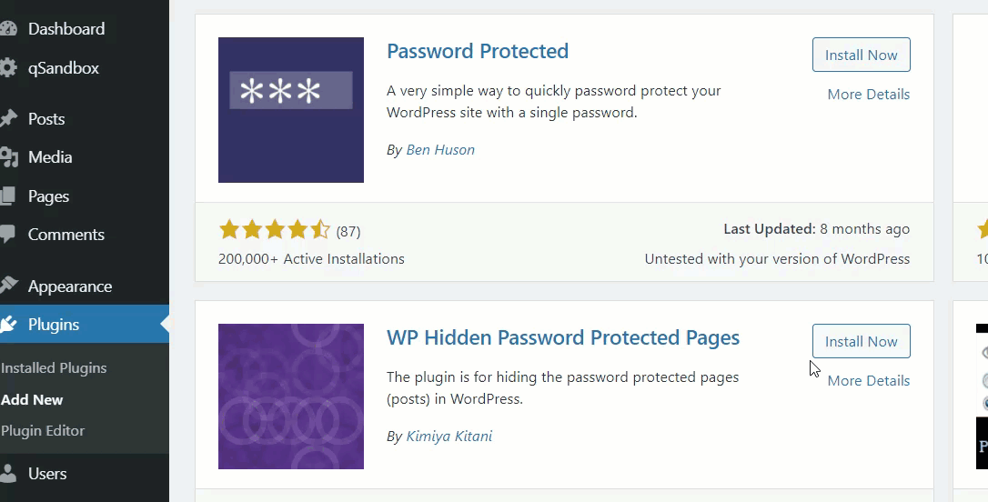 installation du plugin wordpress protégé par mot de passe