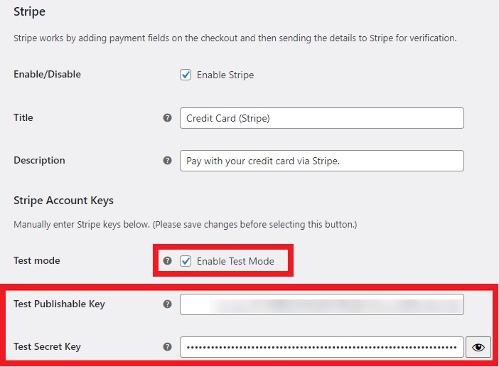 Stripe test clé secrète publiable commandes woocommerce