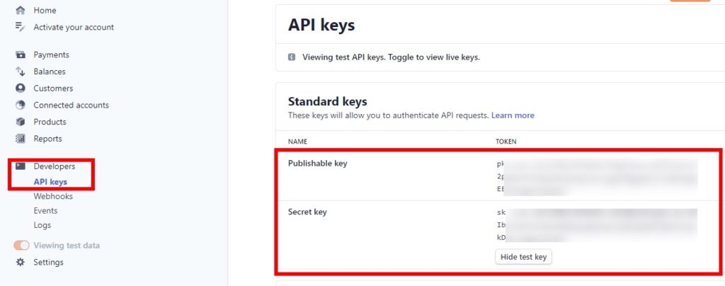 les clés api stripe testent les commandes woocommerce