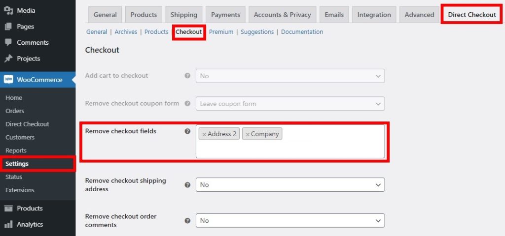 paiement direct supprimer les champs tester les commandes woocommerce
