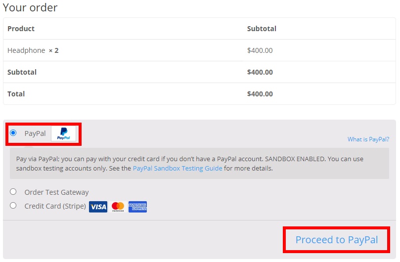 procéder aux commandes de test paypal woocommerce