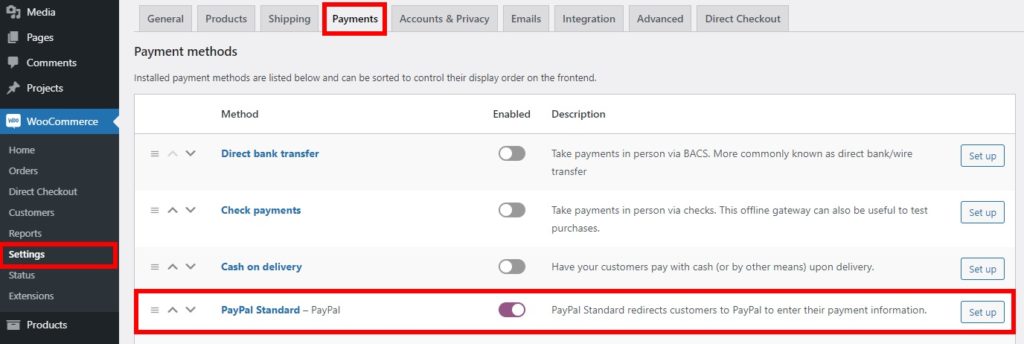 activer les commandes woocommerce de test standard paypal