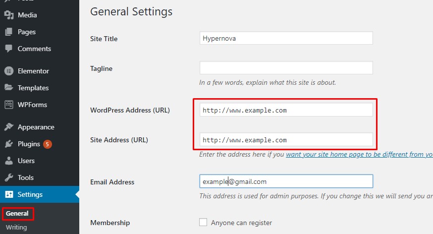 Vérifier l'URL du site et l'URL de l'adresse WordPress dans WordPress