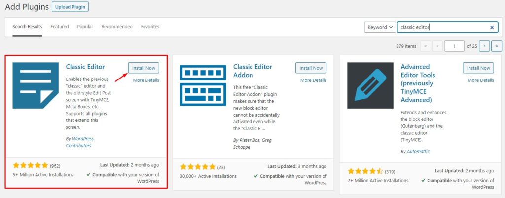 Installer l'éditeur classique de WordPress