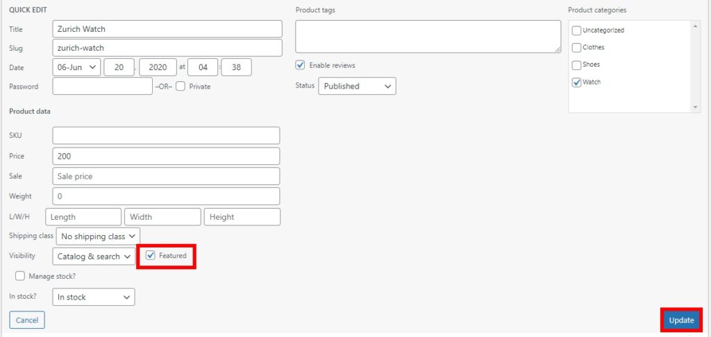 Schnellbearbeitungsoptionen stellen vorgestellte Produkte in WooCommerce ein