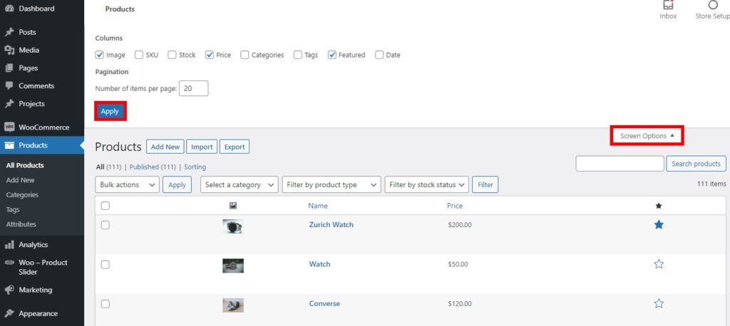 Beachten Sie die Bildschirmoptionen, um die vorgestellten Produkte in WooCommerce festzulegen