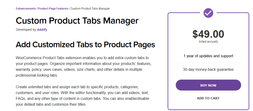 Administrador de pestañas de productos personalizados