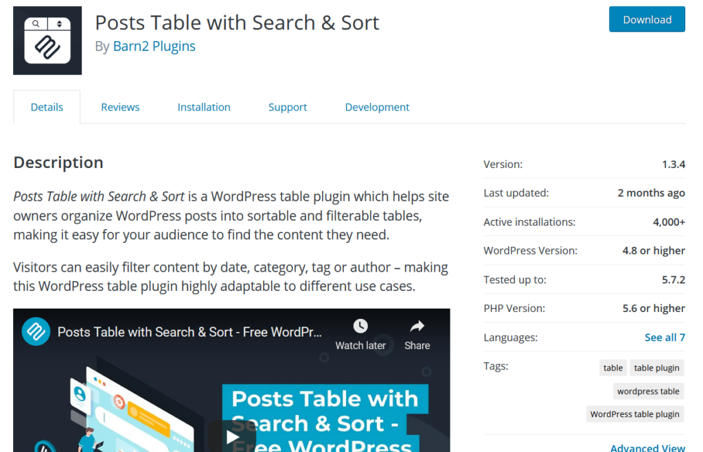plugins de tabela para wordpress - Tabela de postagens com pesquisa e classificação