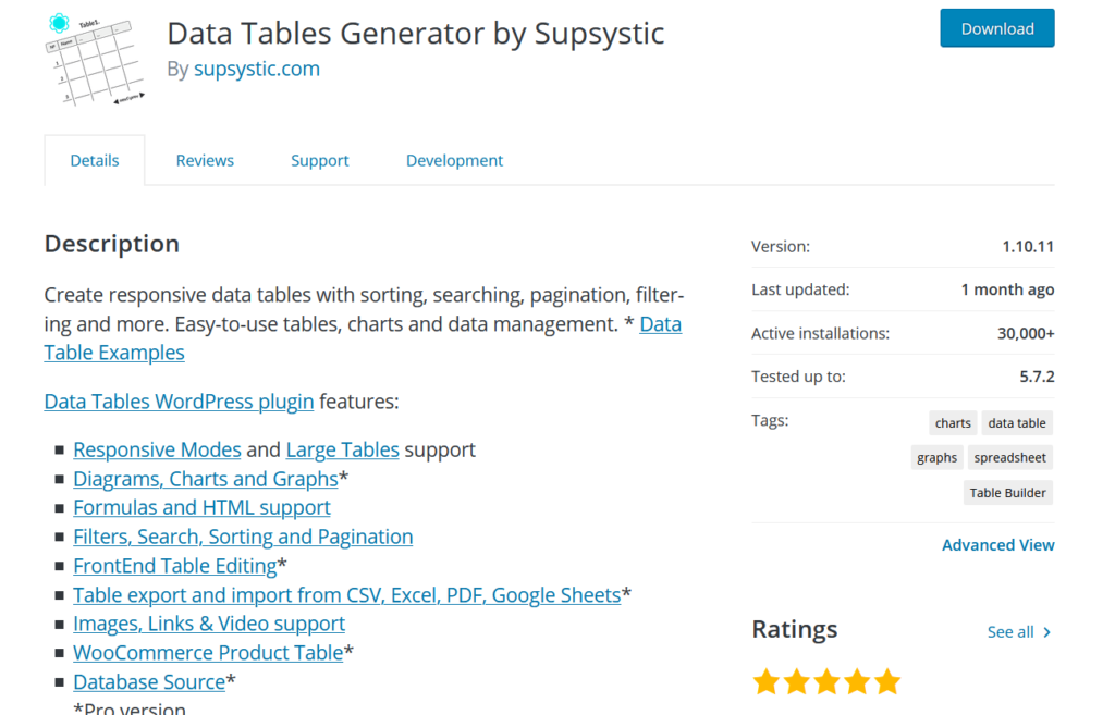 melhores plugins de tabela wordpress - tabela de dados por susystic