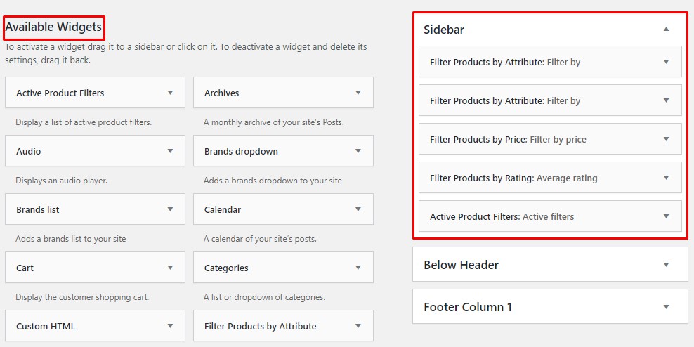 Filtros de productos predeterminados de WooCommerce