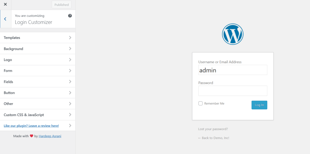 personalizar la página de inicio de sesión de wordpress - vista previa del personalizador de inicio de sesión