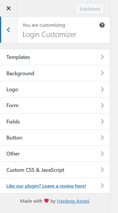 personalizar la página de inicio de sesión de wordpress - opciones del personalizador de inicio de sesión