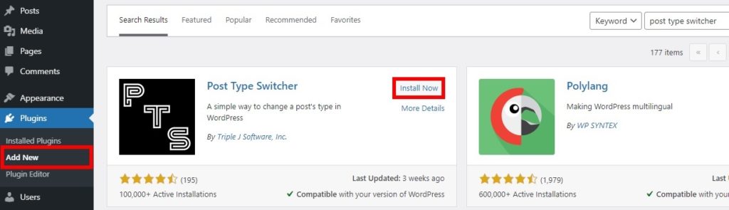 instalar complemento cambiar tipo de publicación en wordpress