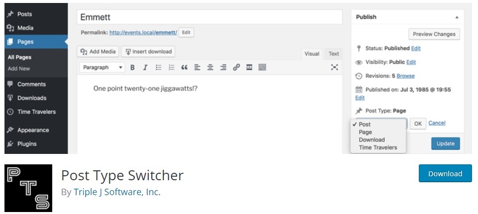 conmutador de tipo de publicación cambiar el tipo de publicación en wordpress