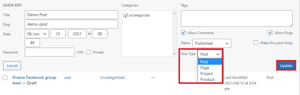 edición rápida actualizar cambiar tipo de publicación en wordpress