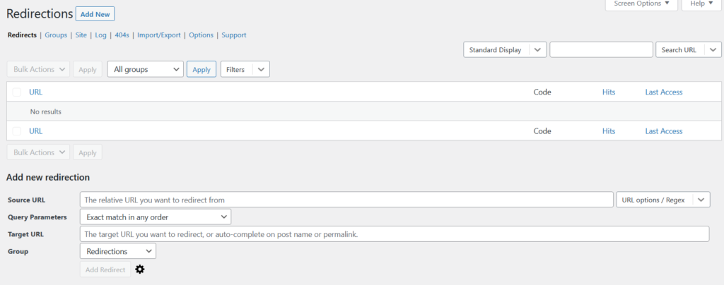 redirigir una página de wordpress - panel de redirecciones