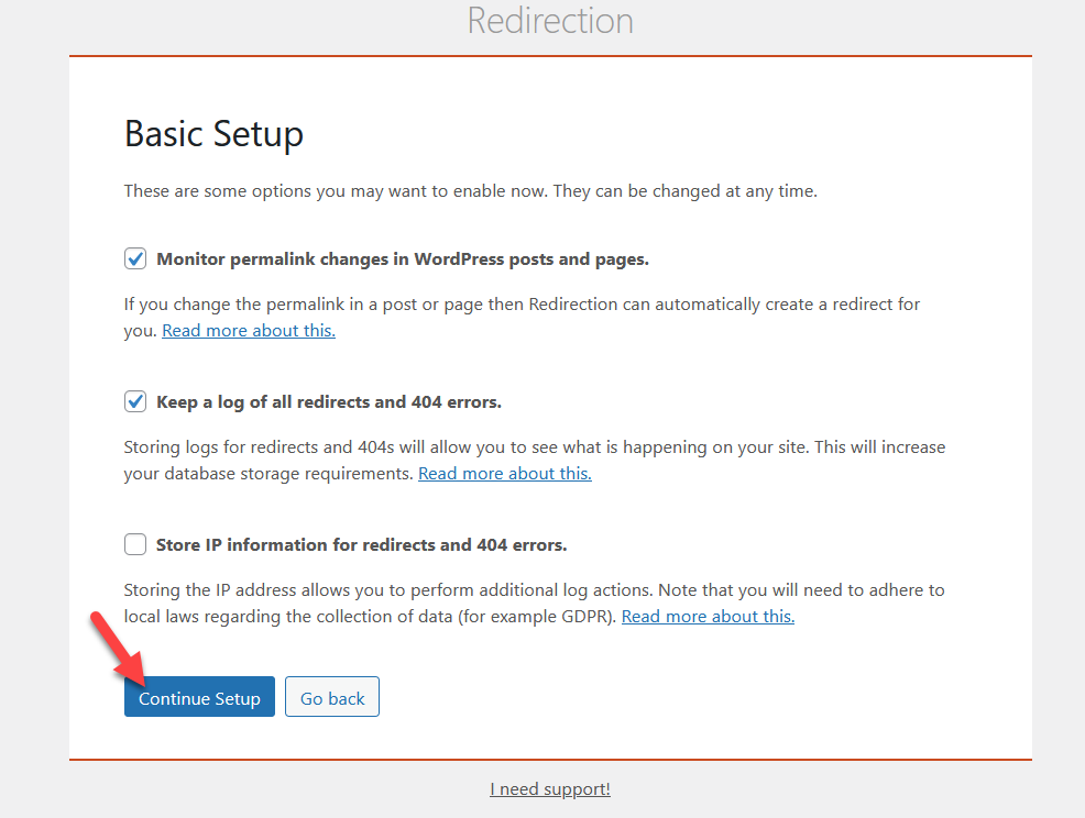 redirigir una página de wordpress - continuar con la configuración