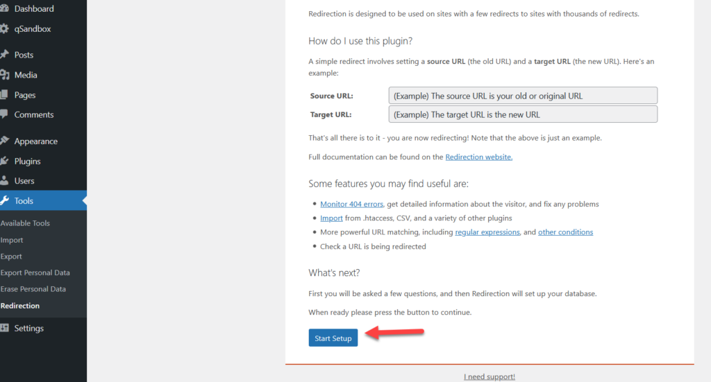 redirigir una página de wordpress - iniciar la configuración del complemento