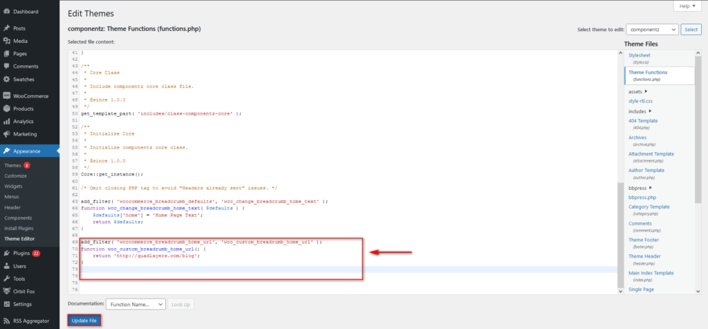 editar migas de pan en wordpress - enlace de la página de inicio de woocommerce