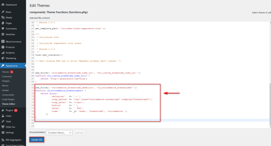 editar migas de pan en wordpress - matriz de migas de pan de woocommerce