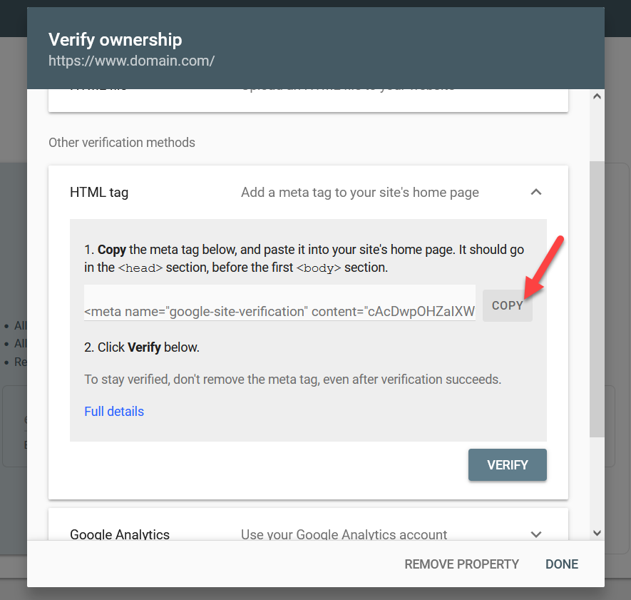aggiungi il sito WordPress a Google Search Console - copia il meta tag html