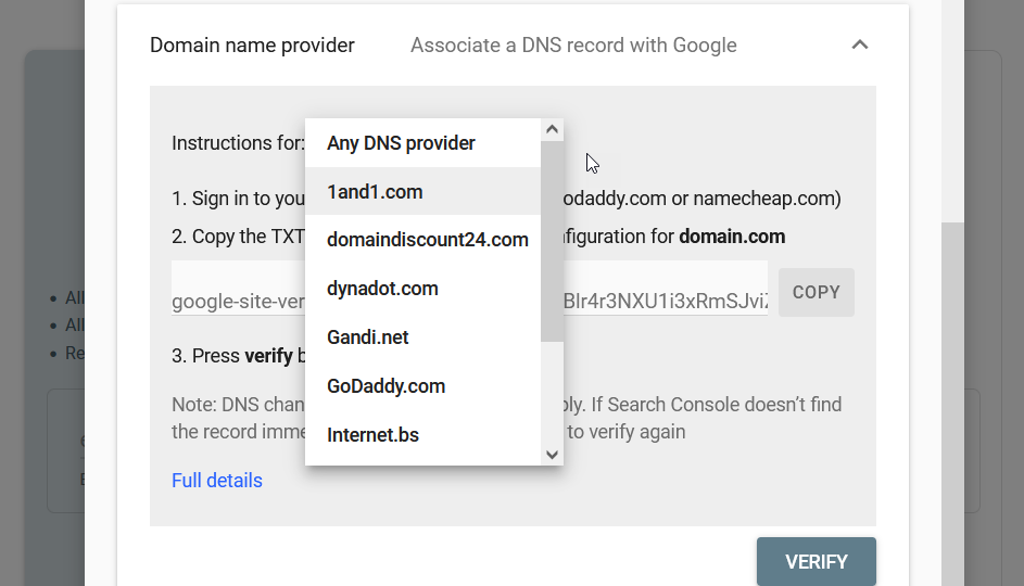 aggiungi il sito WordPress a Google Search Console - provider di nomi di dominio