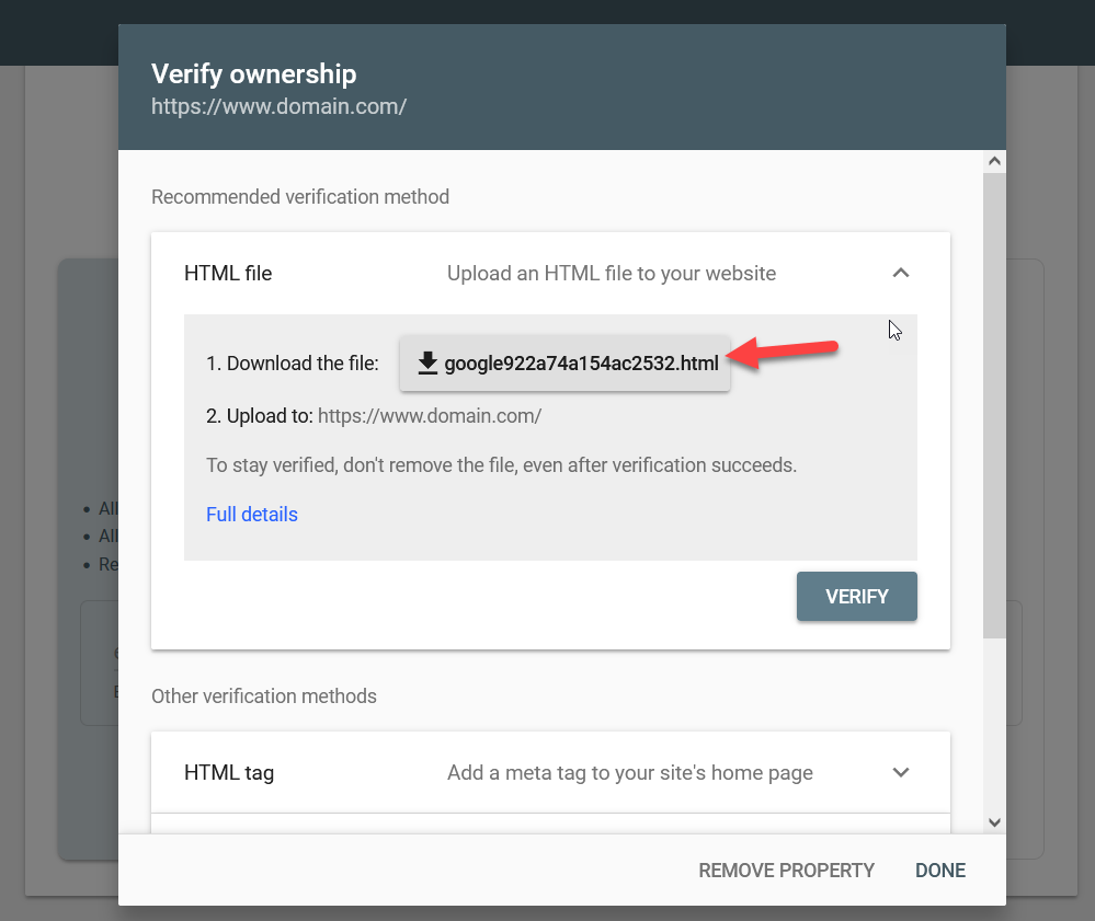 aggiungi il sito WordPress a Google Search Console - verifica html