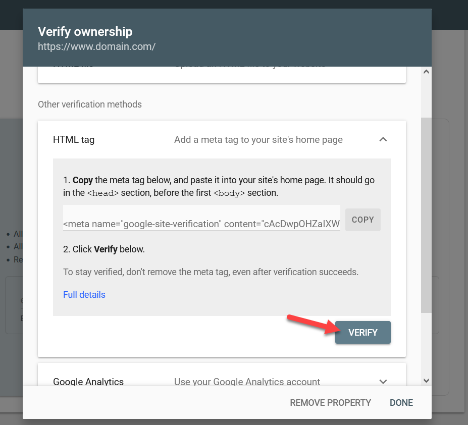 aggiungi il sito WordPress a Google Search Console - verifica il metodo del tag html