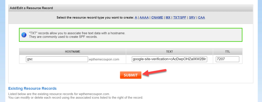 aggiungi il sito WordPress a Google Search Console - invia il record txt