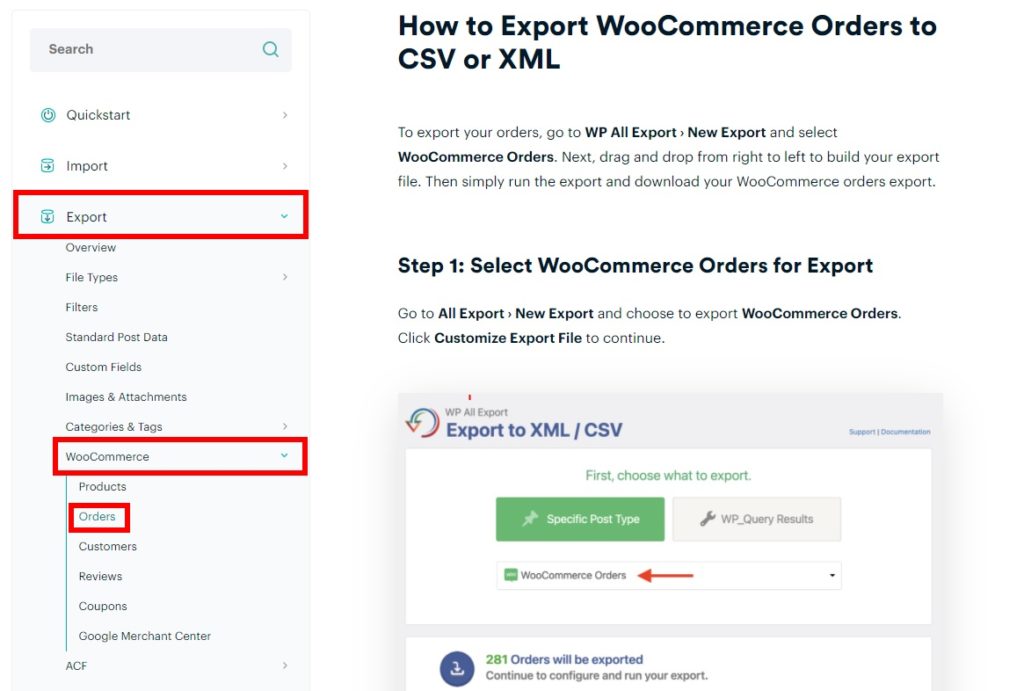 documentatie woocommerce export comanda