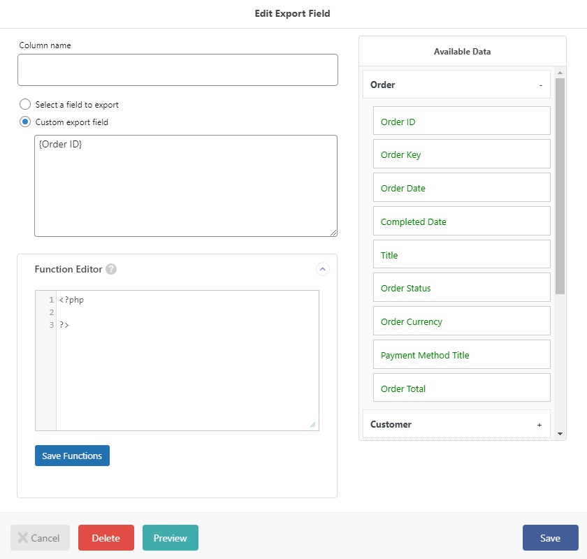 editor de funcții coloană de comandă woocommerce export de comandă