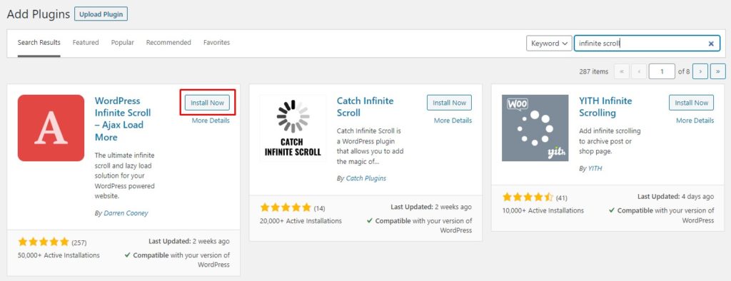 Установите и активируйте плагин WordPress Infinite Scroll — Ajax Load More