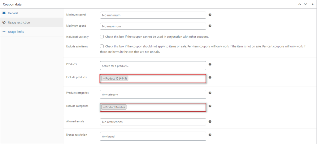 excluir el producto woocommerce de los cupones - restricciones de cupones