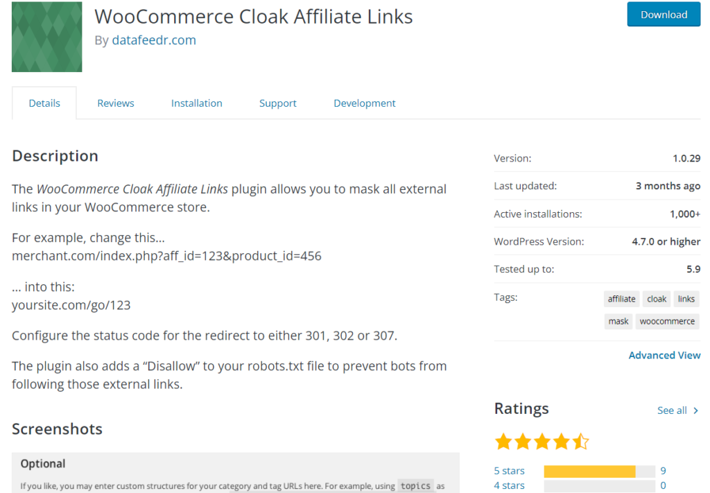 المكون الإضافي للروابط التابعة لـ woocommerce cloak