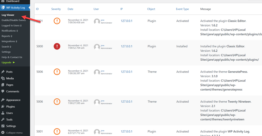 creați autentificare temporară WordPress - vizualizator de jurnal