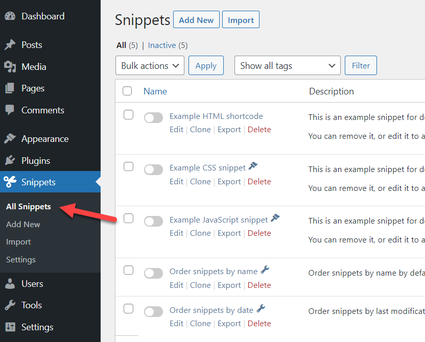 crear un widget de encabezado personalizado en WordPress: crear un nuevo fragmento