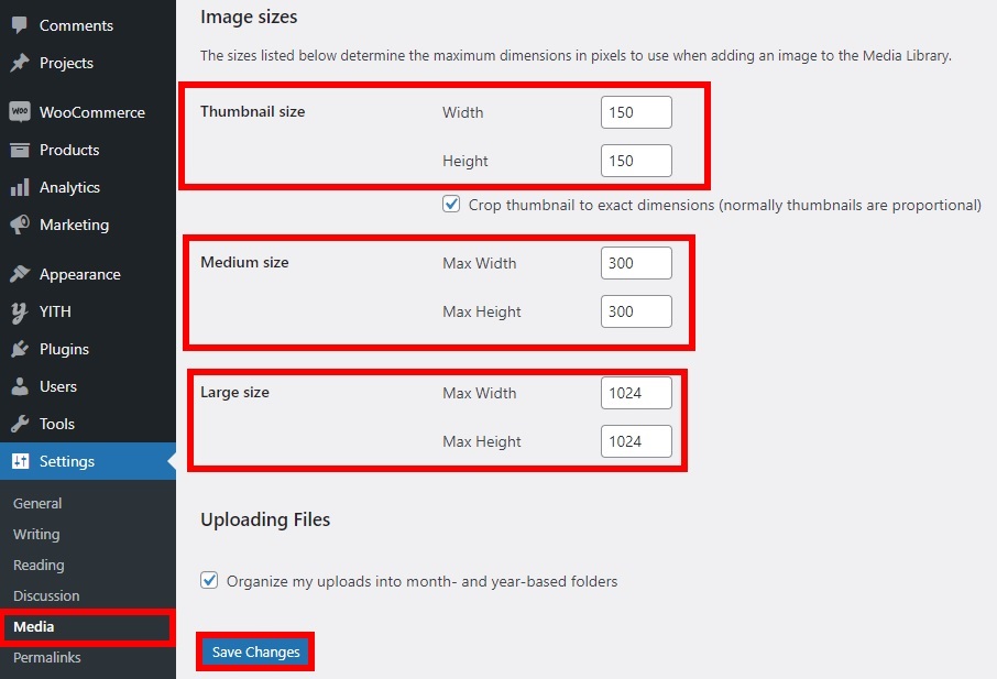 tamanhos de imagem padrão corrigem problemas de tamanho de imagem do woocommerce