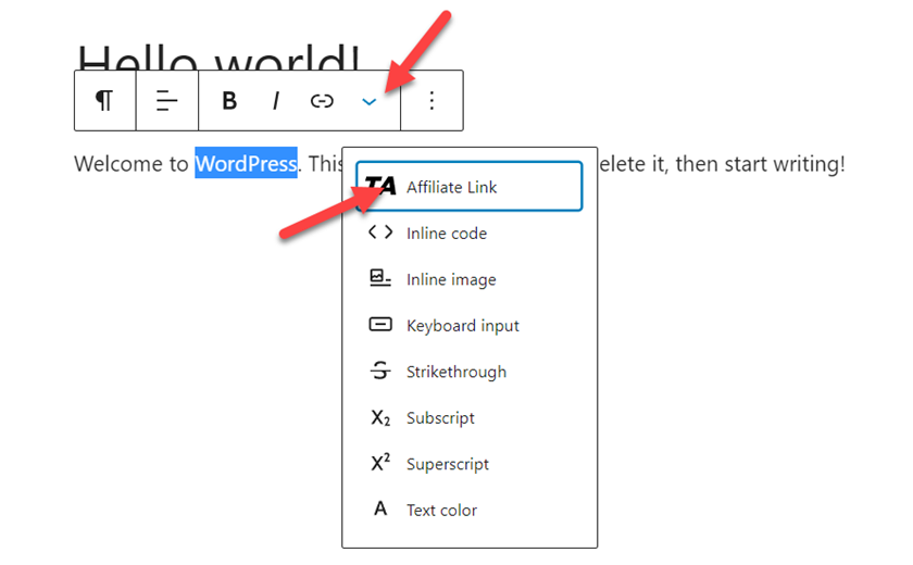 ocultar enlaces de afiliados en WordPress - enlace de afiliado gutenberg