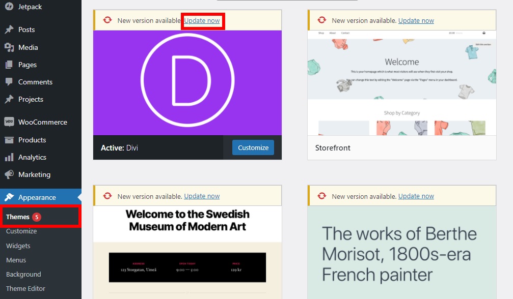 perbarui dasbor wp tema wordpress