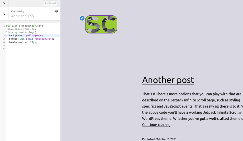 terapkan CSS khusus Anda dengan memasukkannya ke dalam editor CSS tambahan dari penyesuai tema.