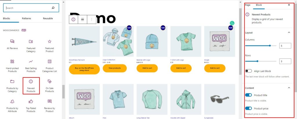 在 WooCommerce 中添加最新产品块