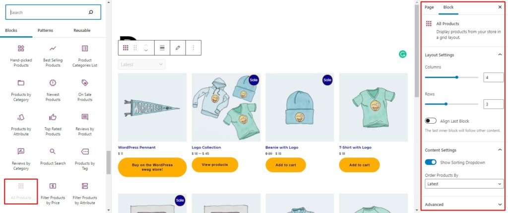 使用 WooCommerce 块添加所有 WooCommerce 产品