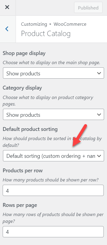 penyortiran default woocommerce